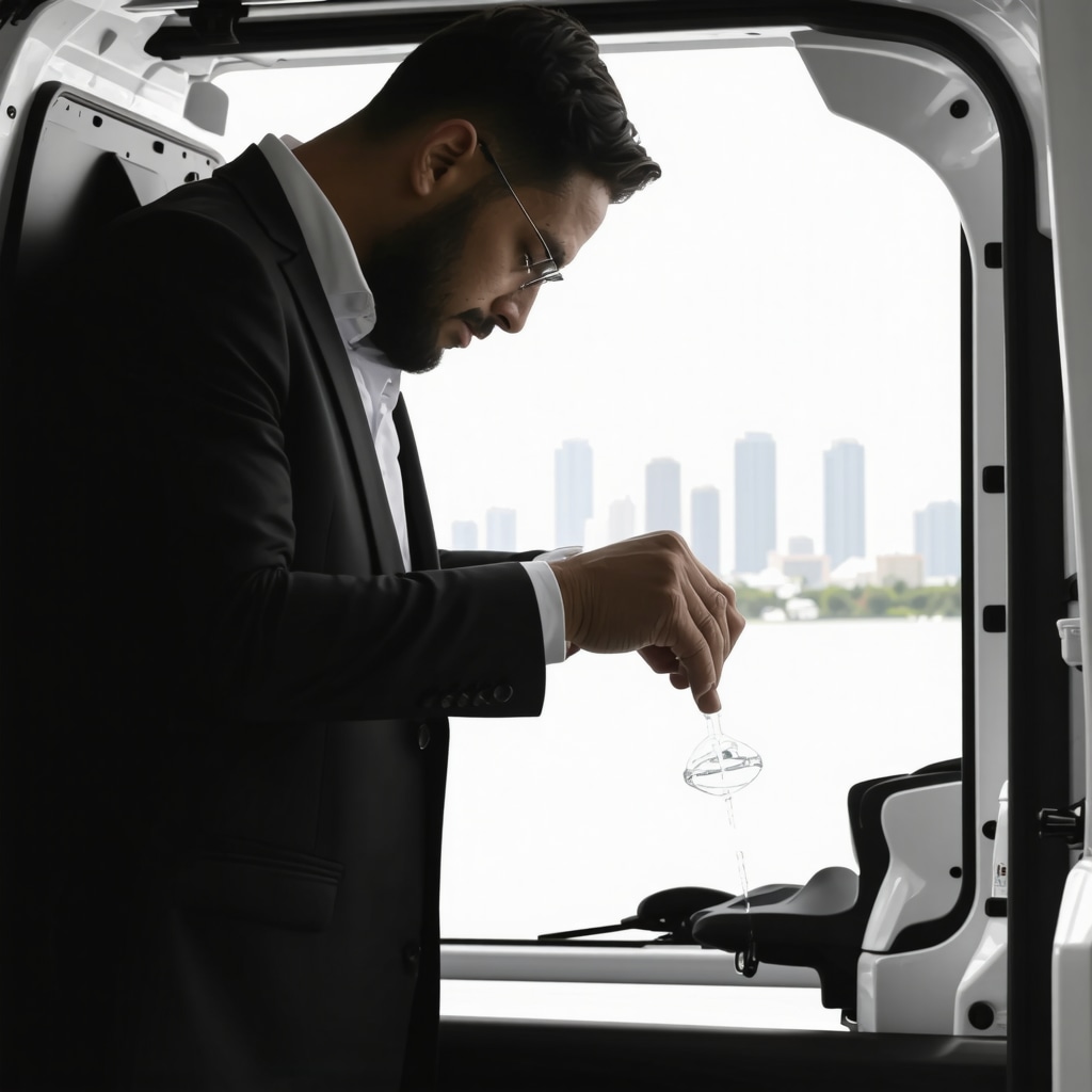 Technician cleaning luxury wool suit inside mobile dry cleaning van with cityscape in background