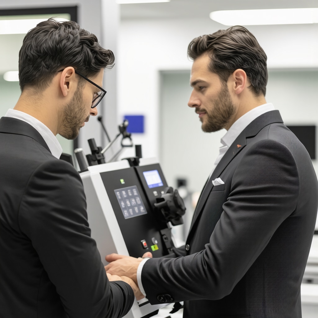 Technician pressing a luxury wool suit using modern steam press with adjustable temperature and steam settings in eco-friendly facility