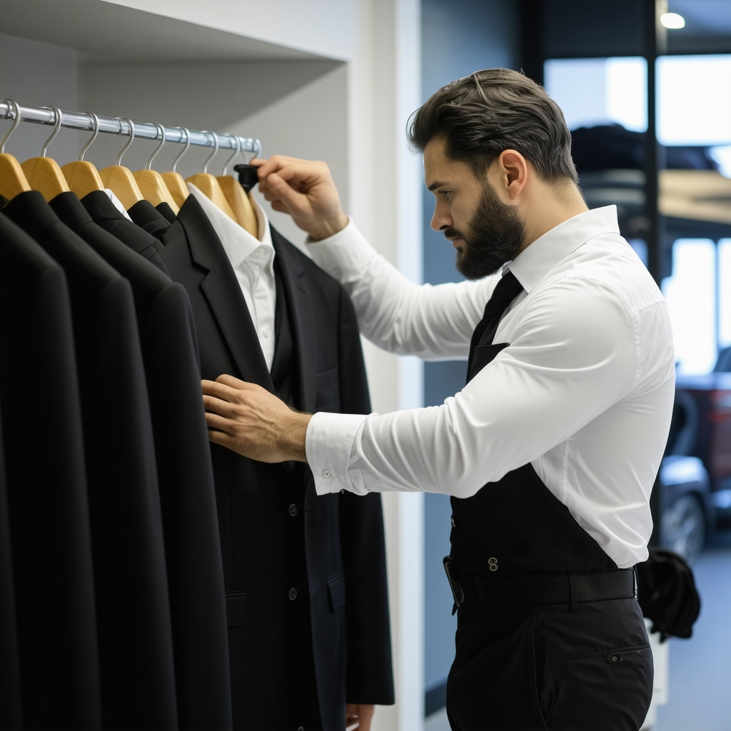 Dry cleaning technician handling wool suit with eco-friendly equipment in Crystal Beach