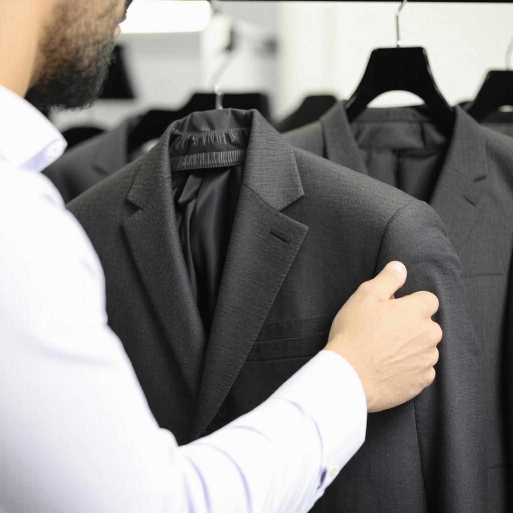Professional dry cleaner treating wool suit jacket and pants with eco-friendly solvents and specialized pressing equipment in Tampa Bay