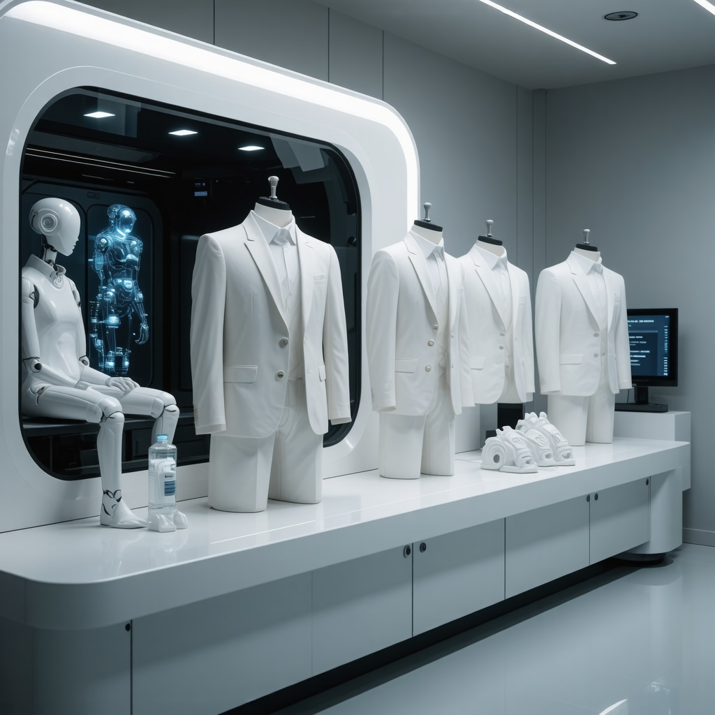AI-driven garment pressing machines and smart textile suits in a modern eco-friendly lab environment