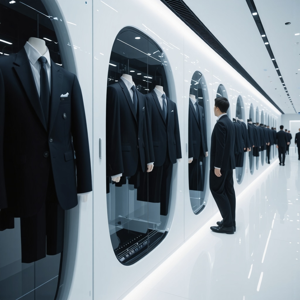 Interior of a modern dry cleaning facility with AI machines treating professional suits using advanced eco-friendly and micro-encapsulation technologies