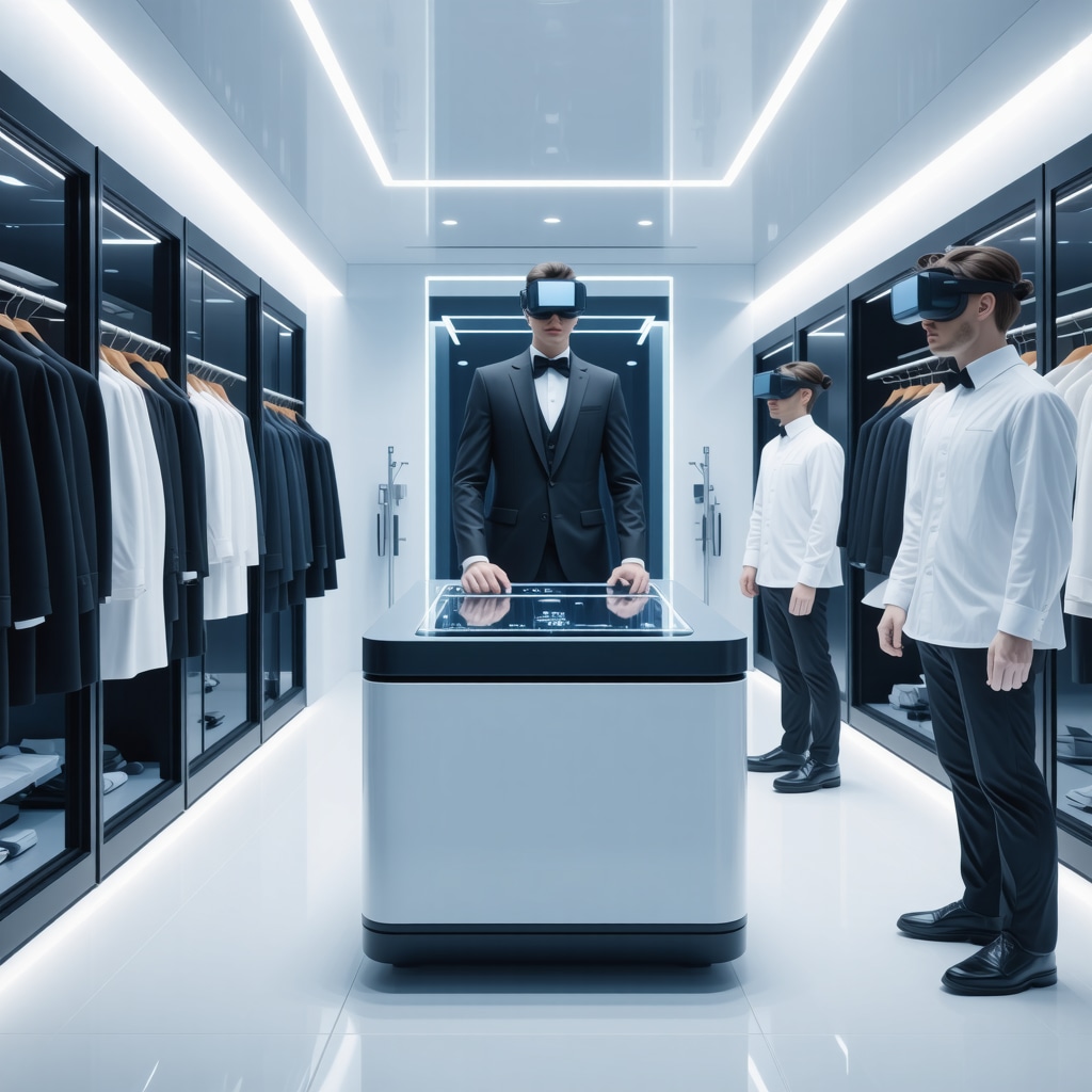 Technicians using AI and AR technologies in a high-tech tuxedo cleaning lab with blockchain data displays and climate-controlled chambers