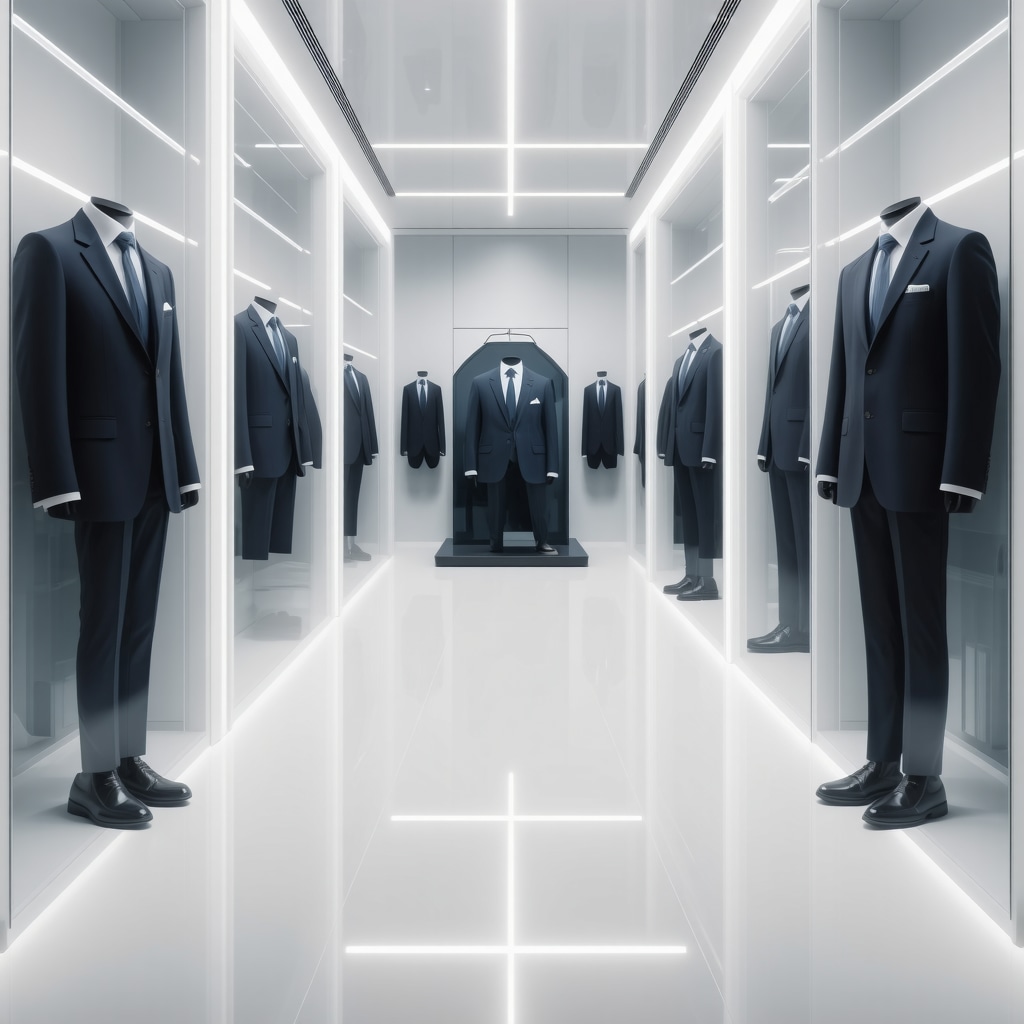 High-tech dry cleaning lab with AI dashboards and nanotech fabric treatments