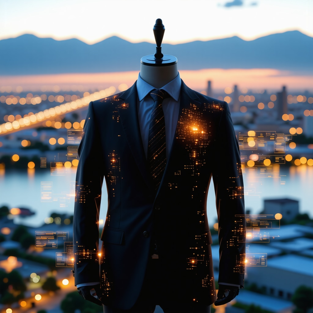 Executive suit with embedded micro-sensors and AI data overlays in Odessa FL background