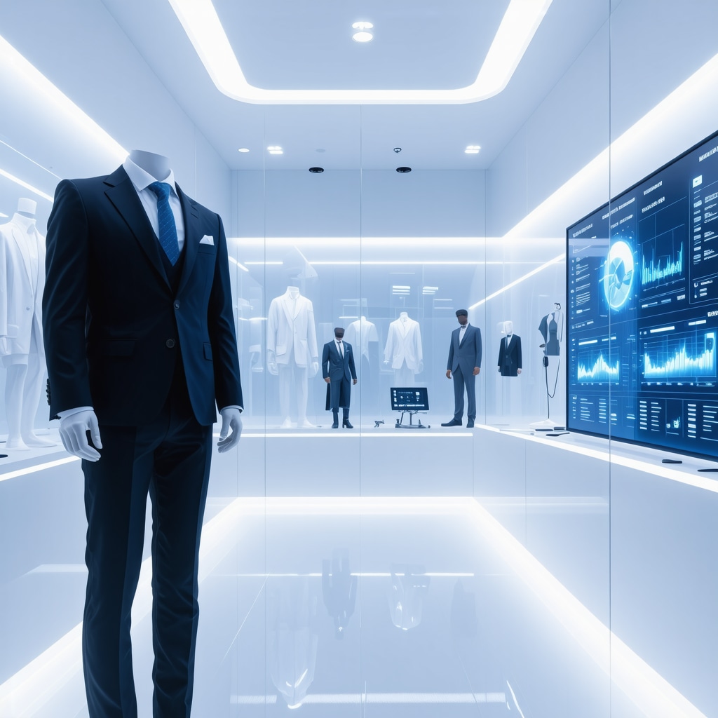 Digital dashboards displaying AI analytics and blockchain data with IoT-enabled suit sensors in Tampa Bay environment