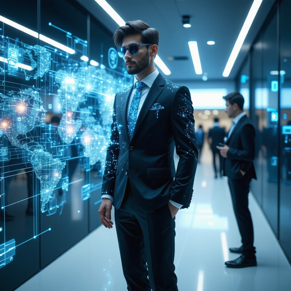 Visualization of a suit embedded with nanotechnology sensors displaying real-time fabric condition data through augmented reality