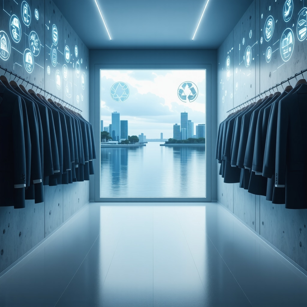 Advanced suit cleaning lab with nanotechnology, AI interfaces, and sustainable textile recycling symbols in Tampa Bay