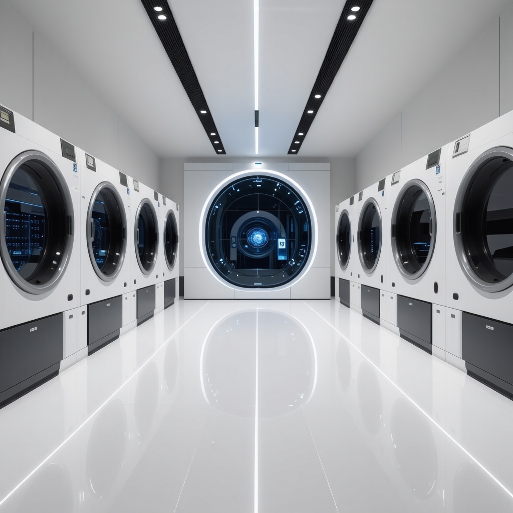 Illustration of advanced suit cleaning technologies including AI sensors and blockchain data systems in Westchase