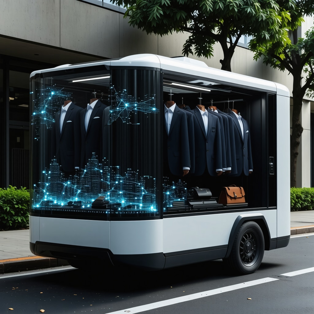 A modern delivery vehicle equipped with sensors and blockchain data graphics transporting luxury suits in climate-controlled containers in Westchase FL