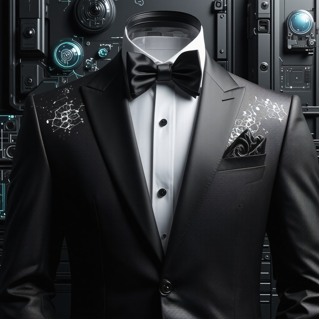 Close-up of tuxedo fabric treated with graphene coating next to AI diagnostic device and sensor-integrated garment bag in a modern textile care environment