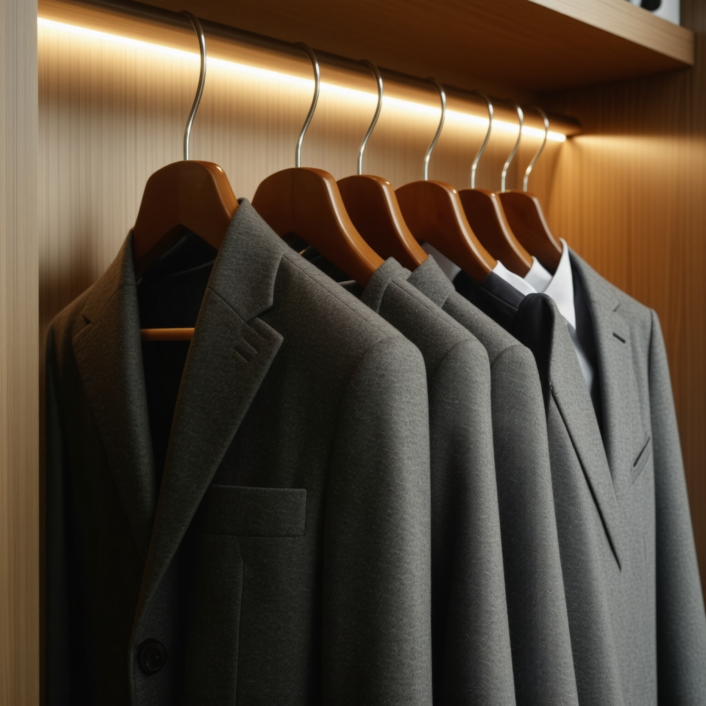 Smart closet featuring nanotechnology-enhanced suits and IoT humidity control sensors for advanced suit care in Tampa Bay