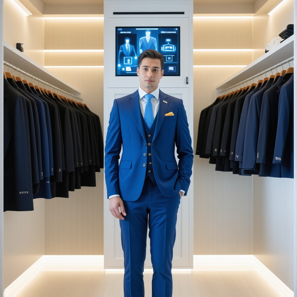 Modern suit closet featuring smart sensors and augmented reality interfaces for advanced fabric care