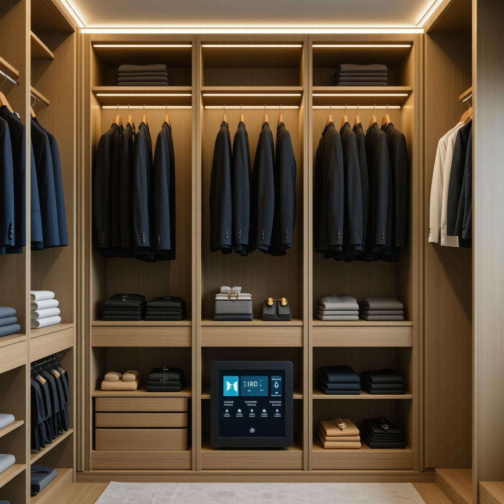 Wardrobe with cedar lining, natural garment bags, lavender sachets, and a humidity sensor for suit freshness