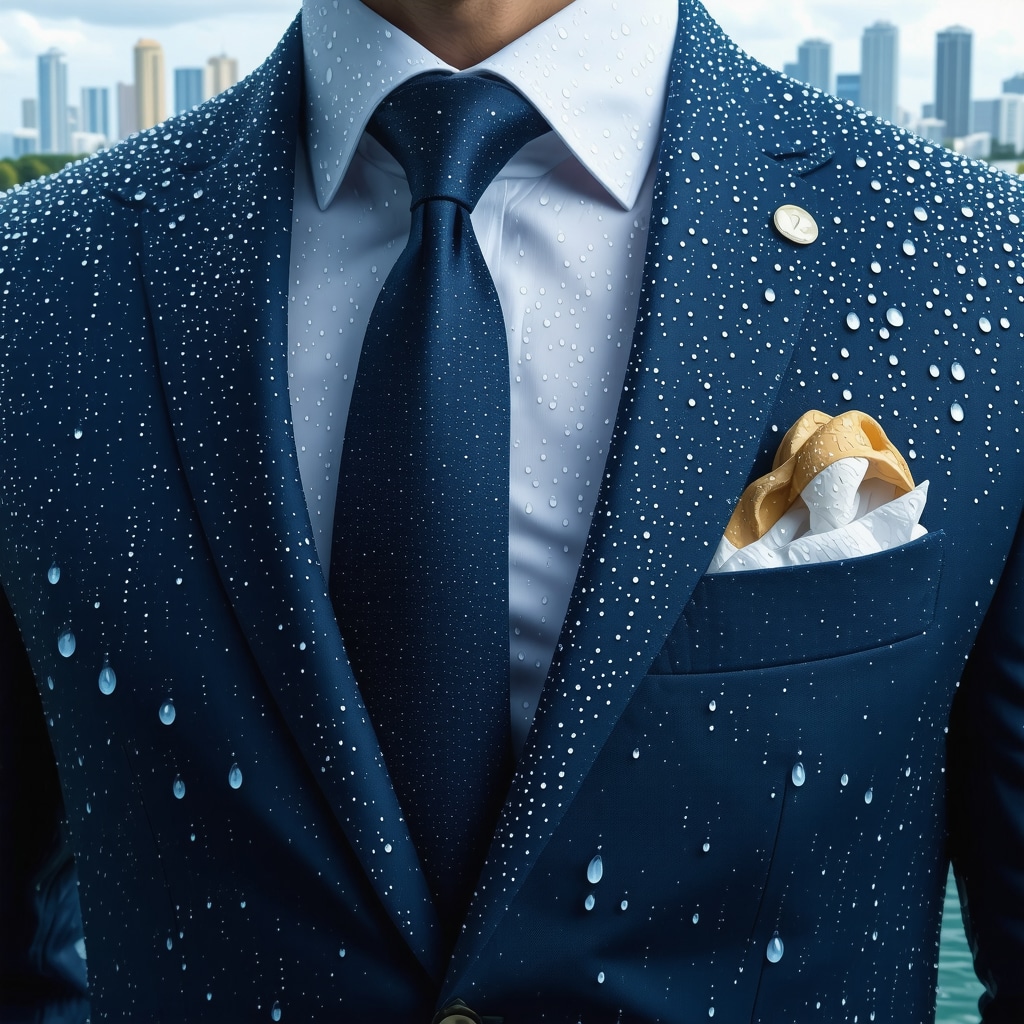 Close-up of suit fabric treated with nanotechnology showing water repellency in humid Tampa Bay climate