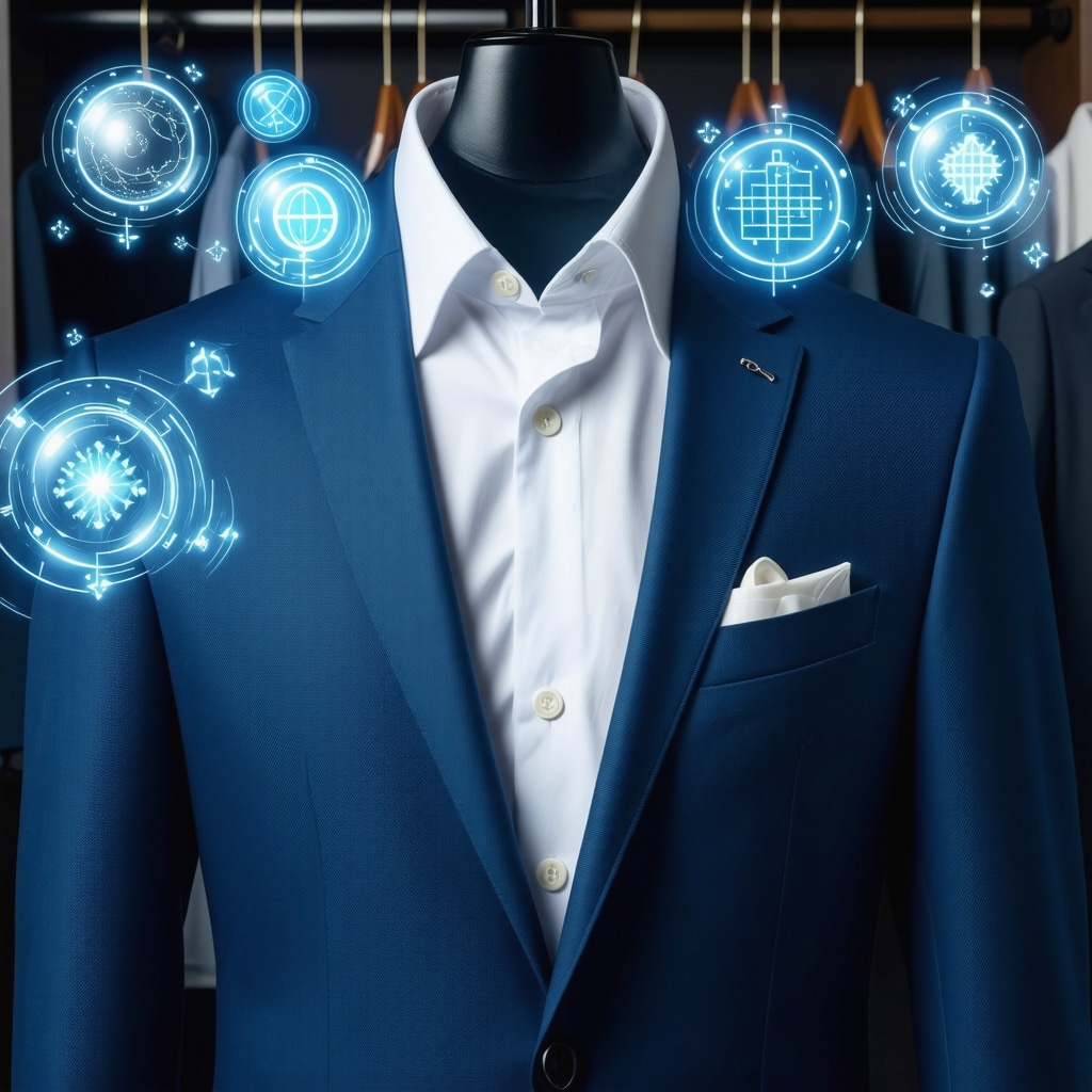 Luxury suit in a humidity-controlled wardrobe illustrating advanced wrinkle prevention technology
