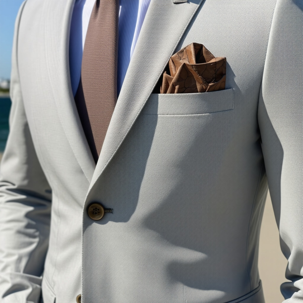 Close-up of a luxury men's suit jacket with leather trim showing texture and sheen in natural sunlight