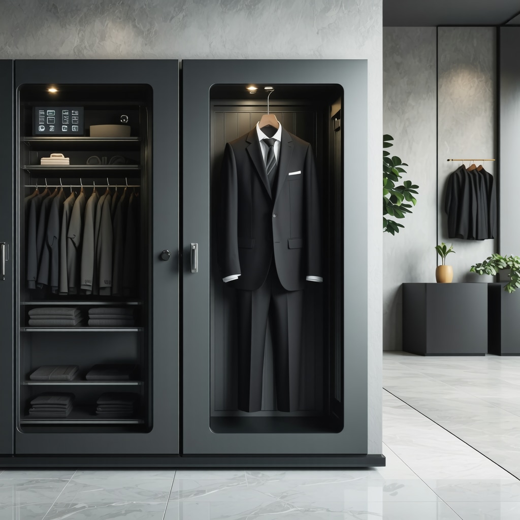 Microclimate-controlled garment care cabinet with wool suit and sensors in a Tampa Bay cleaning service