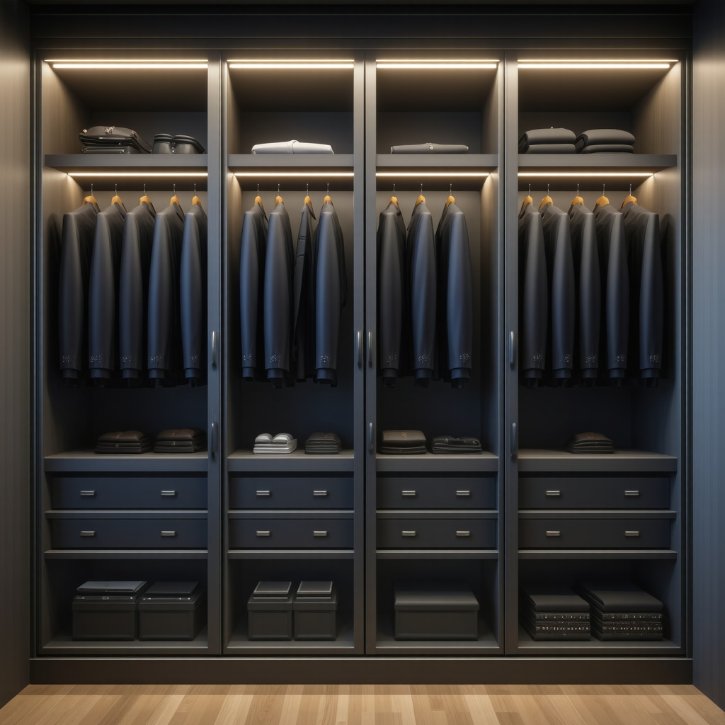 Microclimate-controlled garment storage unit showing humidity sensors and AI schedule display for suit maintenance in Tampa Bay