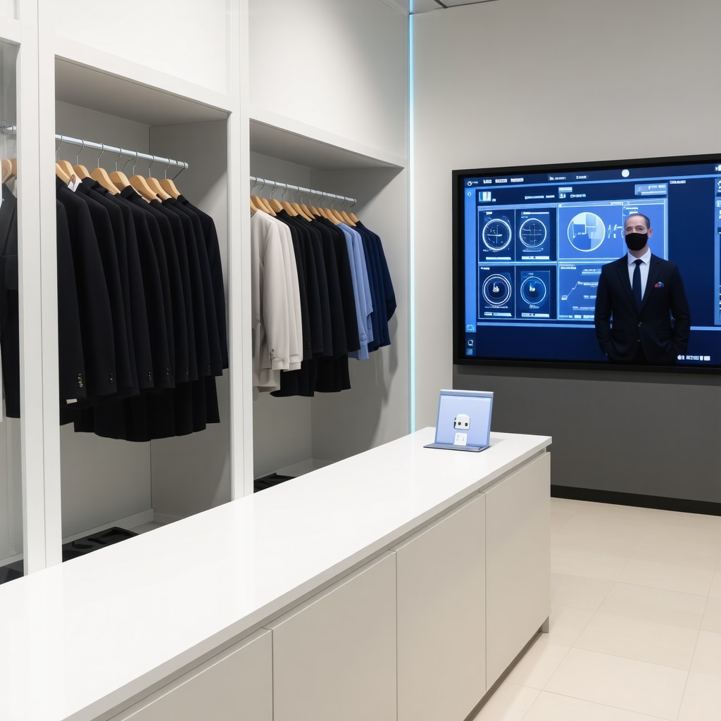 Advanced textile conservation lab with microclimate sensors and AI analytics screens monitoring suit preservation