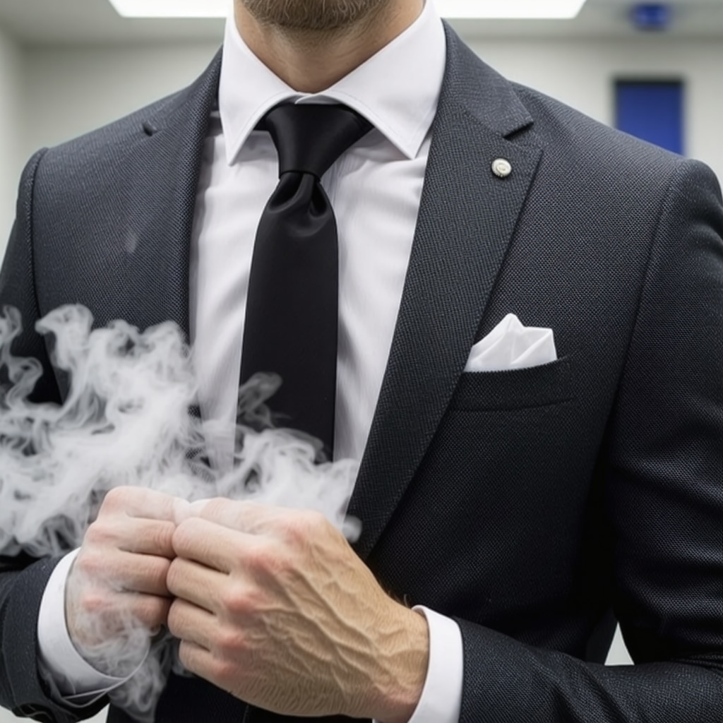 Microfiber steam cleaning process on a wool 2-piece suit in a Tampa eco-friendly dry cleaning facility