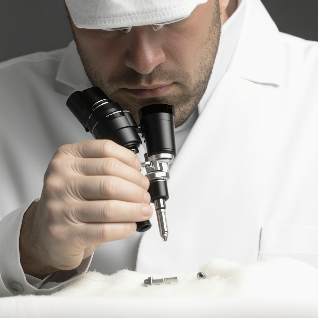 Professional cleaner examining white suit fabric under microscope for advanced cleaning assessment in Tampa Bay
