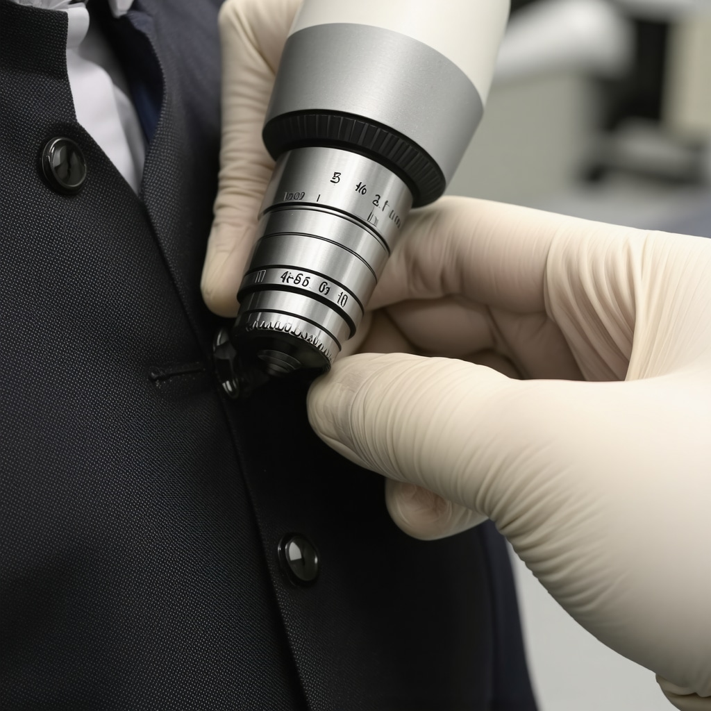 Close-up of luxury wool suit fiber under microscope with eco-friendly cleaning treatment