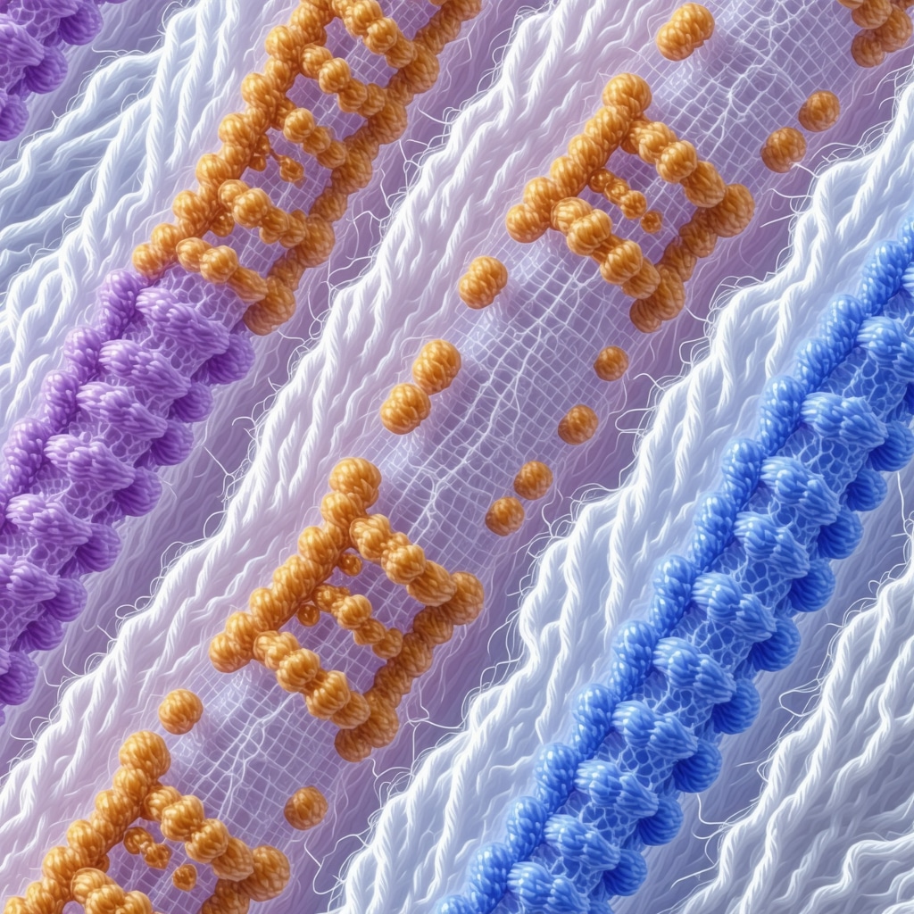 Microscopic image showing wool keratin helices and synthetic polymer chains relevant to suit shrinkage during cleaning