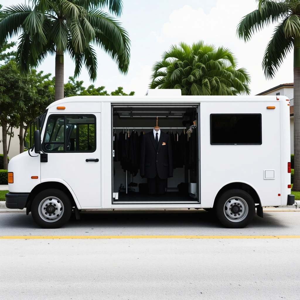 Mobile dry cleaning van using AI and sensors to monitor suit fabric health in Palm Harbor