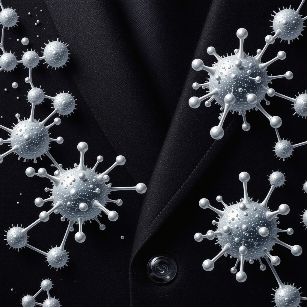 Microscopic view showing detergent molecules and nanoparticles interacting with wool fibers in a suit fabric