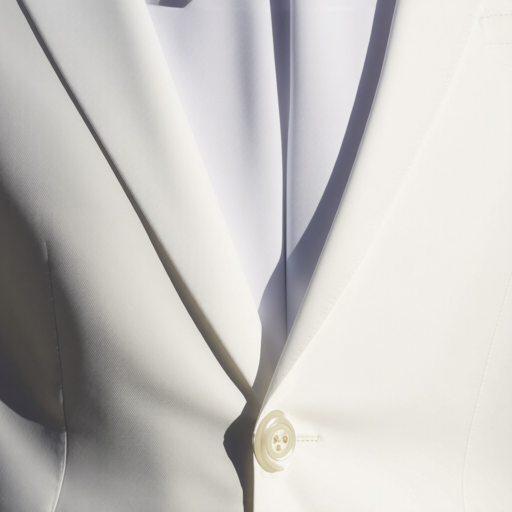 Close-up image of white suit fabric showing glossy nano-coating under Tampa Bay natural sunlight