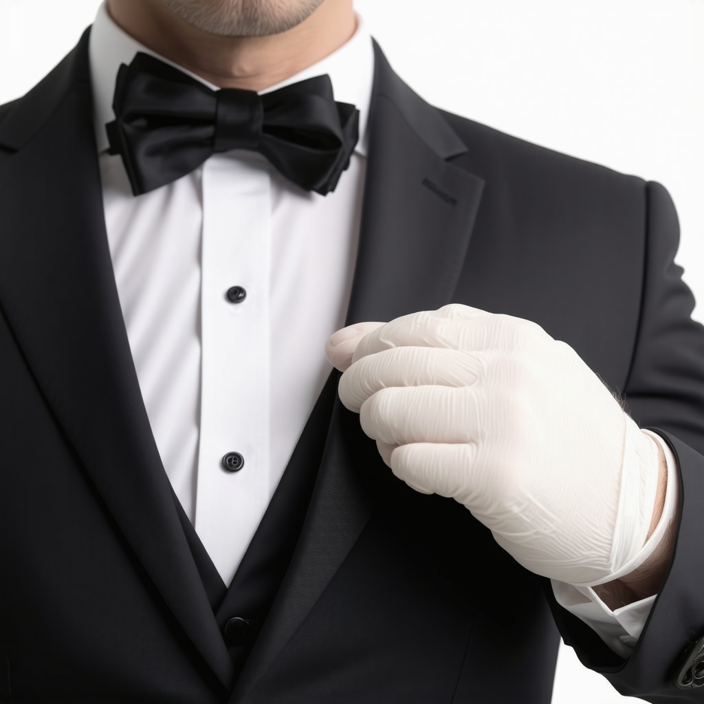 Technician applying nanotechnology-based protective coating on tuxedo fabric in a dry cleaning lab