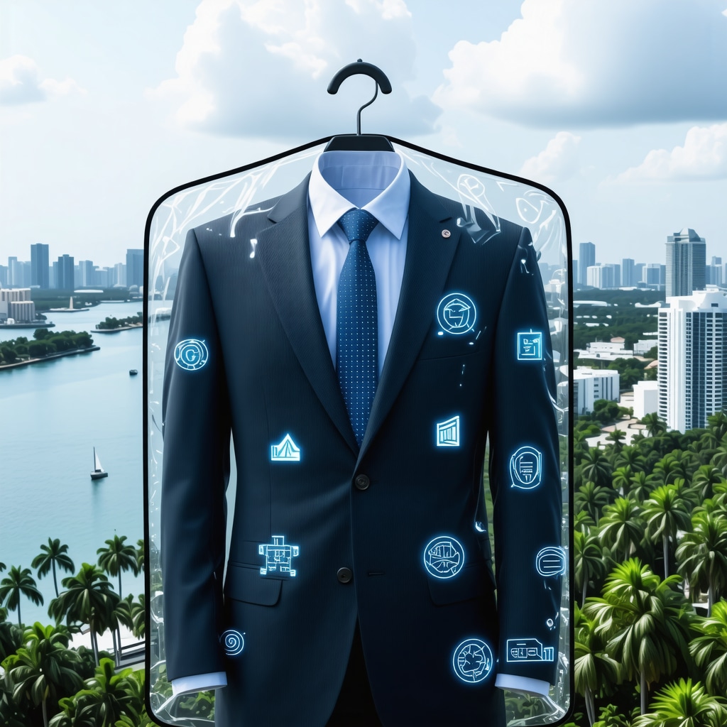 High-tech garment bag showcasing nanotechnology fabric protection with Tampa Bay cityscape background