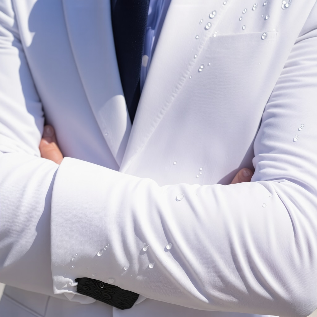 Close-up of white suit sleeve with water droplets repelled by nanotechnology fabric coating in Tampa Bay