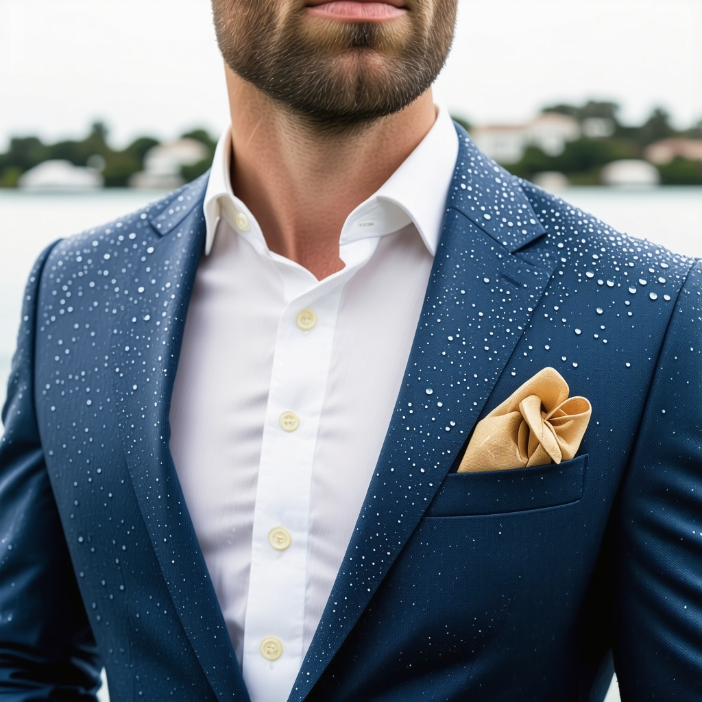 Close-up of luxury men's suit fabric showing nanotechnology water-repellent coating in humid environment