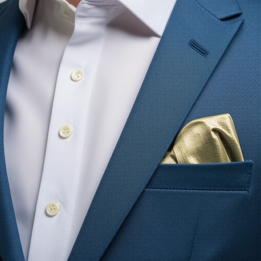 Close-up image of wool suit fabric with nanotechnology coating showing water repellency and fine texture
