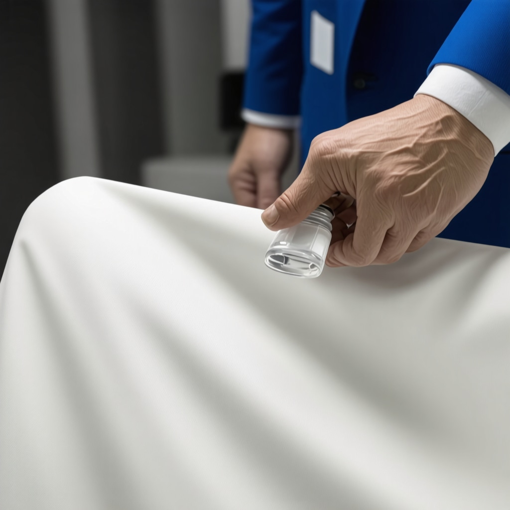 Close-up of wedding suit fabric undergoing nanotechnology treatment with humidity sensors in a modern dry cleaning environment