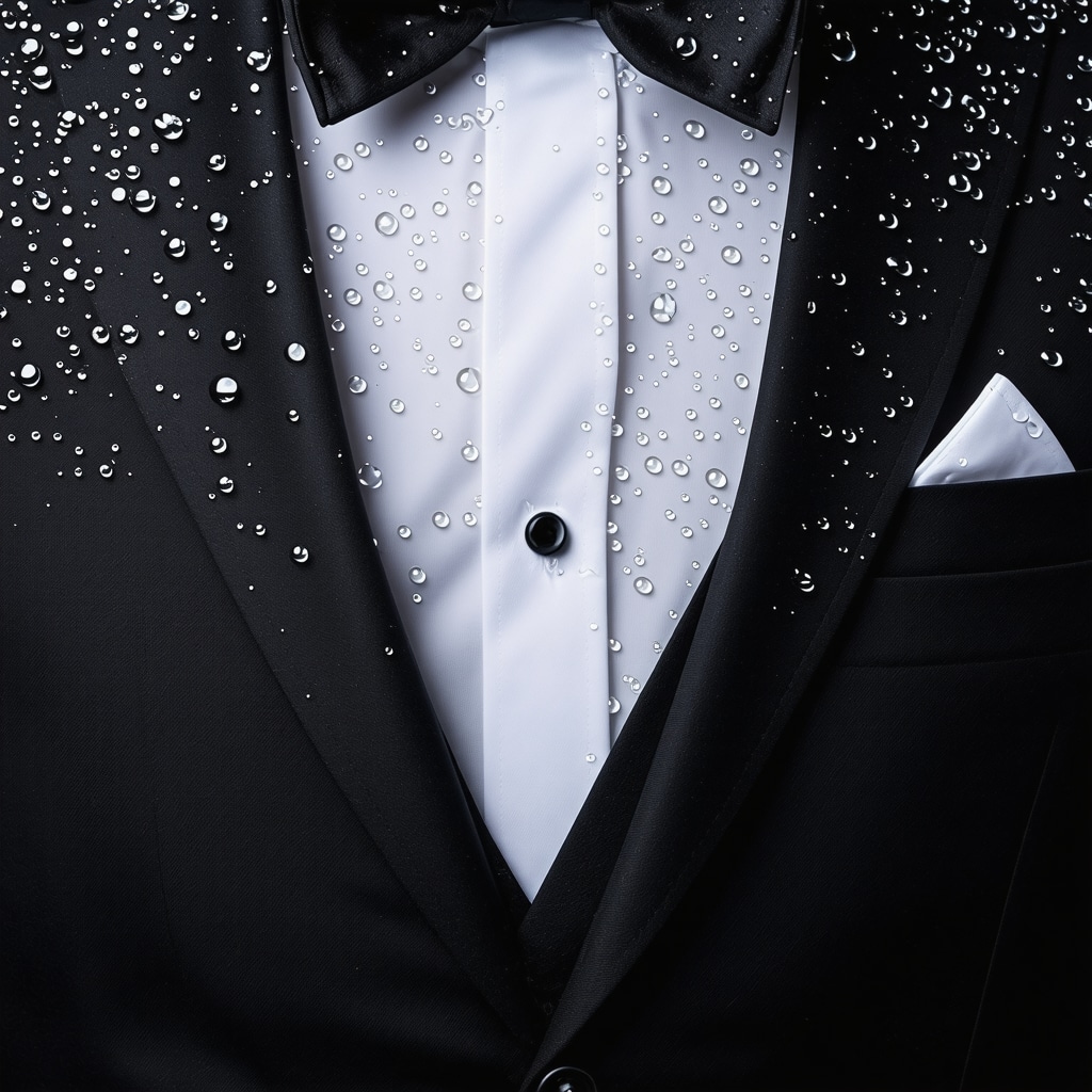 Close-up of tuxedo fabric with nanotechnology hydrophobic coating causing water droplets to bead