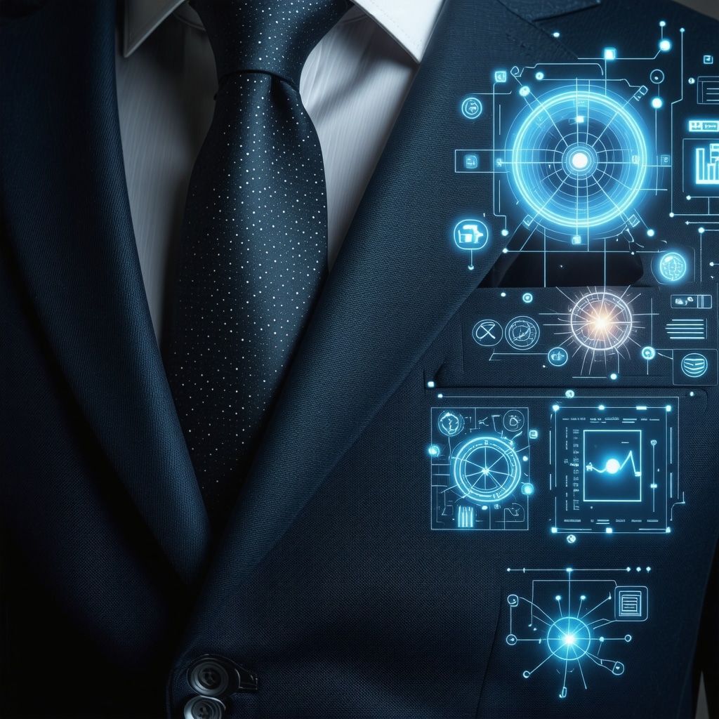 Close-up of luxury suit fabric with embedded nanoparticles beside AI data analytics interface illustrating advanced odor control technology