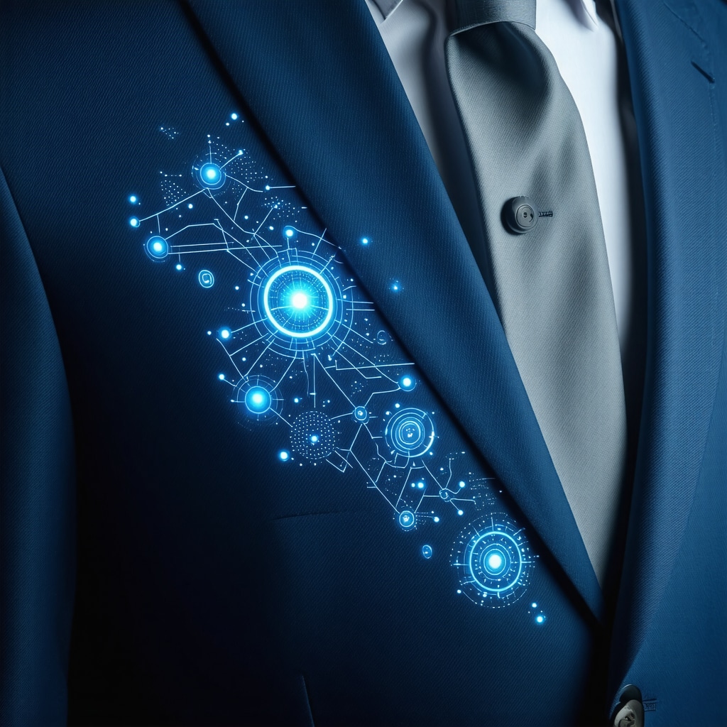 Close-up of luxury suit fabric with digital overlays showing nanotechnology and AI analytics concepts