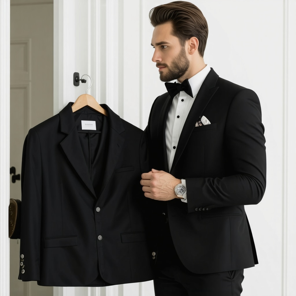 Man receiving tuxedo in garment bag at home doorstep