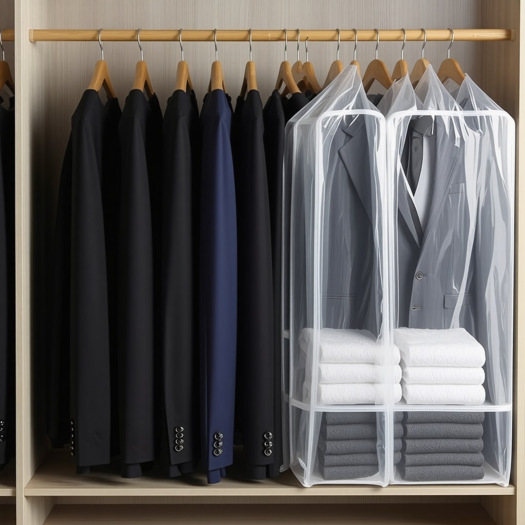 Closet showing suits on wooden hangers in breathable garment bags with moisture absorbers