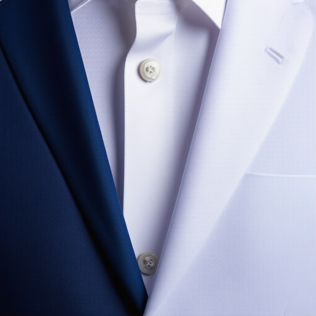 Close-up image showing detailed fibers of wedding suit fabrics with nanotechnology coatings under analysis