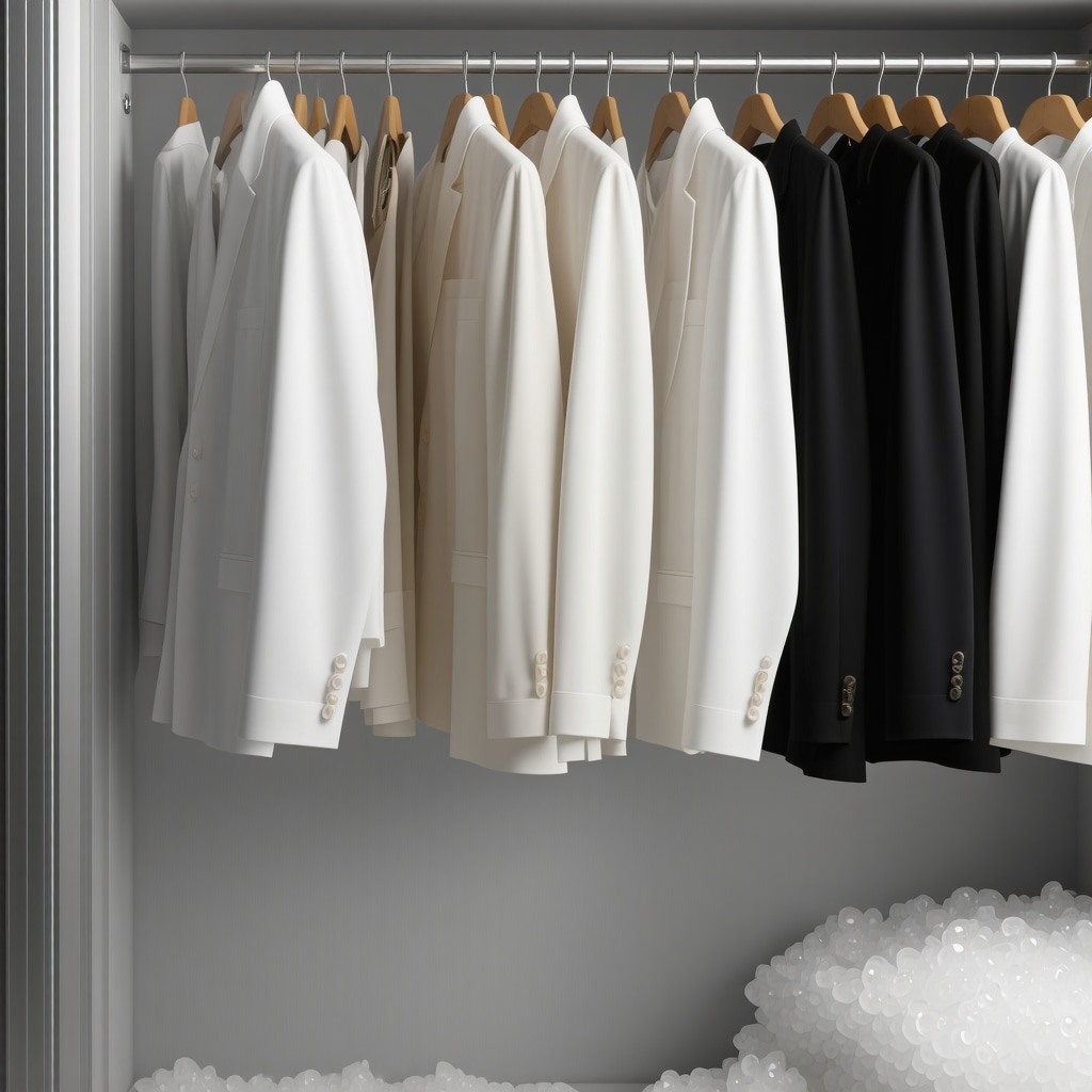 Climate-controlled garment storage with wedding suits and protective silica gel packs in humid Tampa Bay