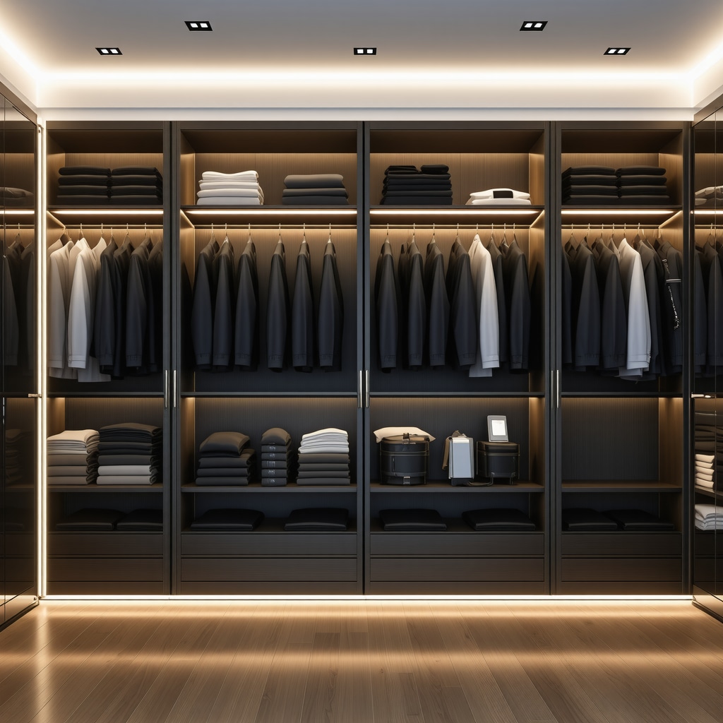High-tech smart closet with humidity sensors and UV sterilization protecting premium suits in humid Tampa Bay