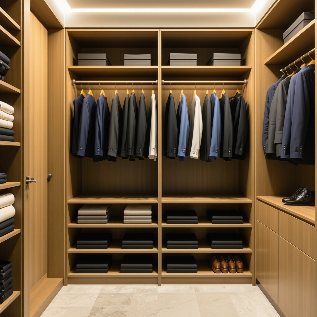 Smart closet system featuring humidity control, UV sterilization, and real-time monitoring storing premium suits