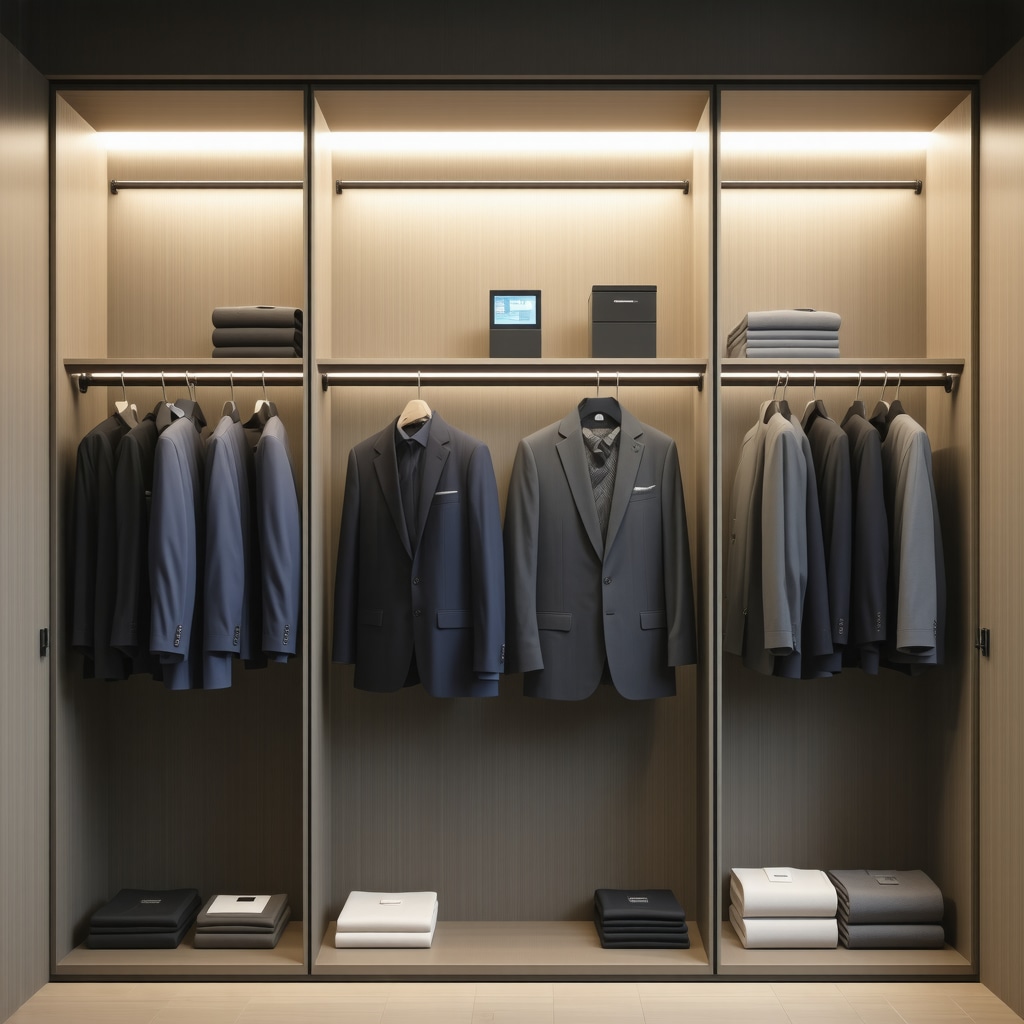 Closet showing suits with nanotech coatings and smart humidity sensors for eco-friendly fabric maintenance