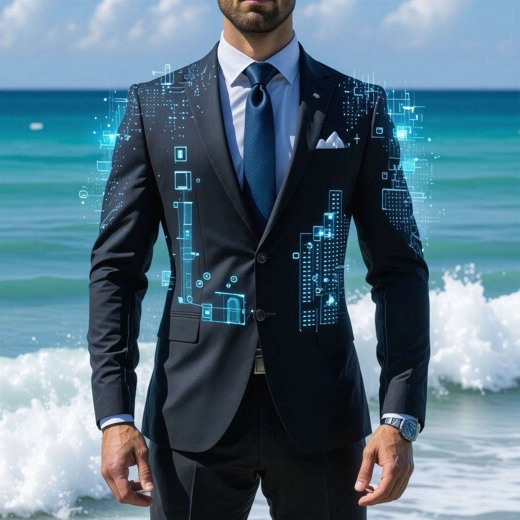 Custom suit with embedded smart fabric sensors showing moisture and temperature data in Tampa Bay's humid environment