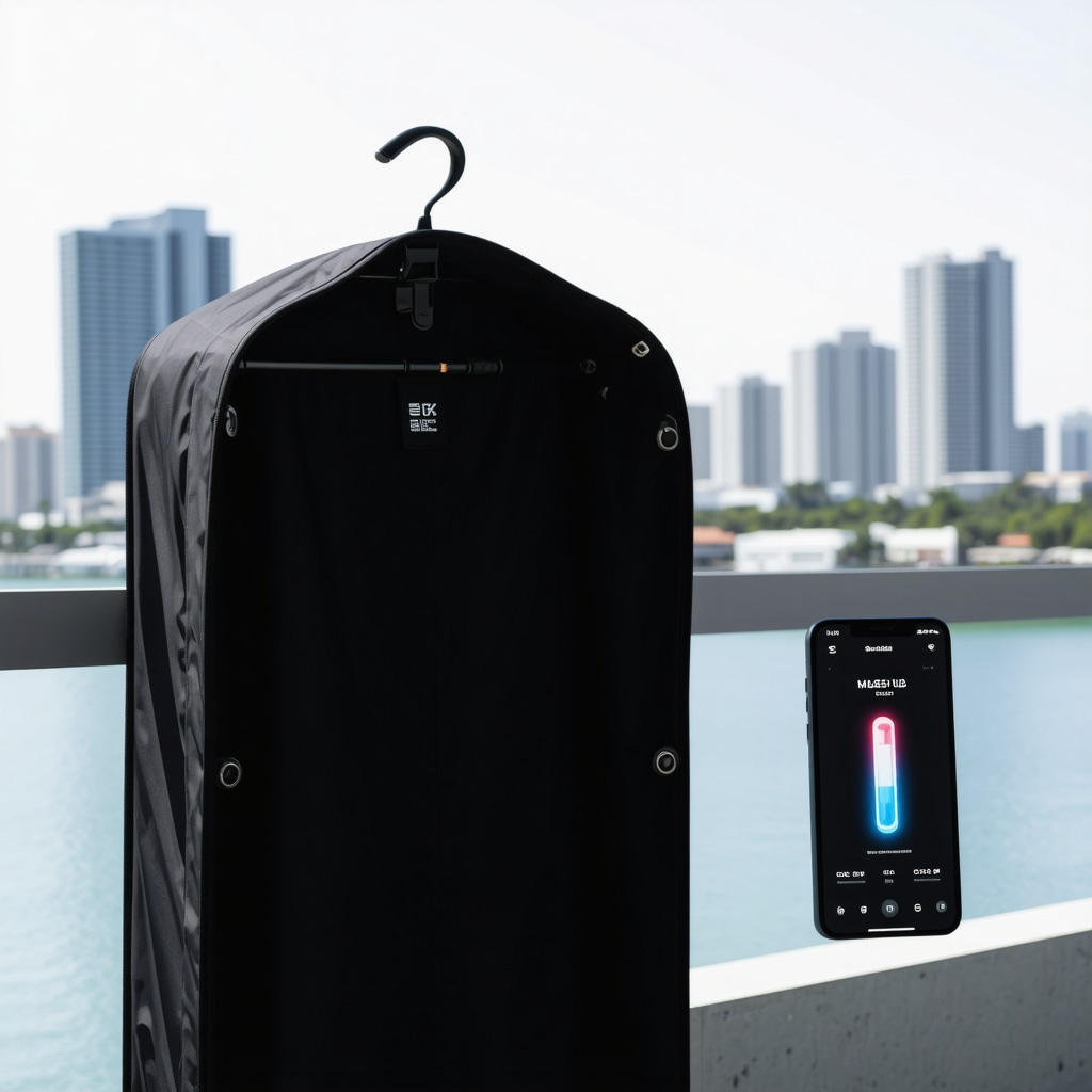 High-tech smart garment bag with humidity and temperature sensors displayed on a smartphone screen in Tampa Bay