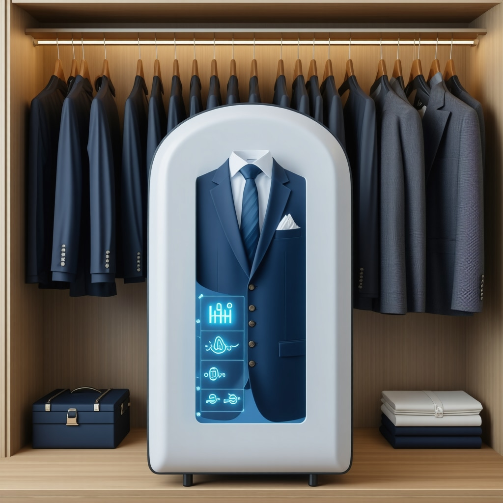 High-tech garment bag with sensors monitoring humidity and temperature for advanced suit care